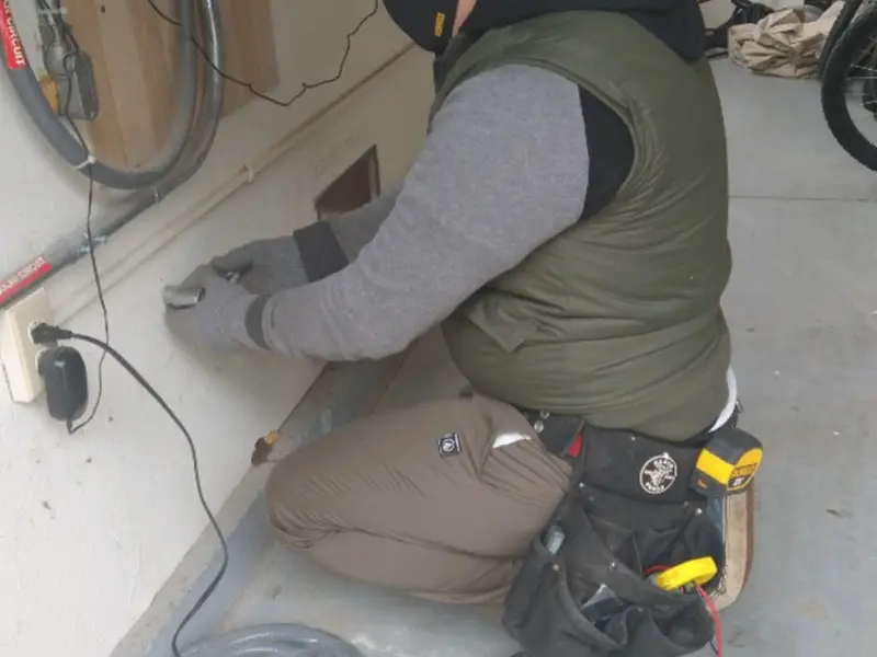 Electrician performing outlet wiring in a Morrisville garage